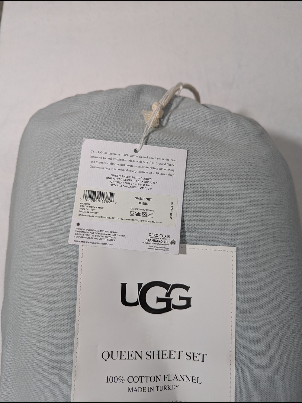 UGG 100% Cotton Flannel Queen Sheet Set in Ocean Mist